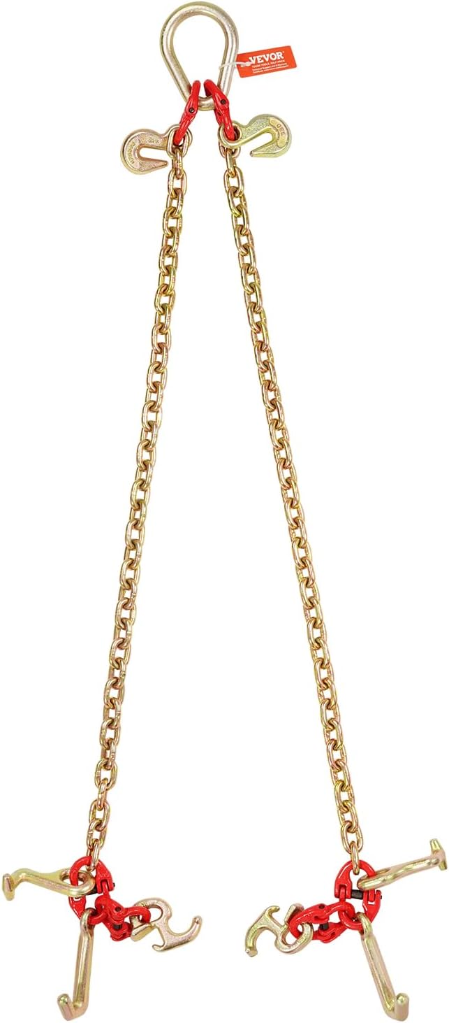VEVOR G80 V Bridle Chain, 5/16" x 3' Towing Chain Bridle with R Hooks, T Hooks, J Hooks and Grab Hooks, Transport Tow Chain Bridle with 10800 lbs Safe Working Load for Flatbed Truck Wrecker Recovery