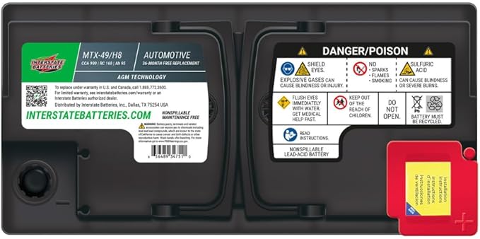 Interstate Batteries Automotive Battery 12V 95Ah (Group Size H8, 49) 900CCA SLI AGM Automobile Replacement Battery for Cars, SUVs, Sedans, Trucks (MTX-49/H8)