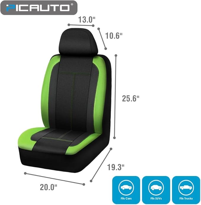 PIC AUTO Low Back Front Car Seat Covers - Sports Carbon Fiber Mesh Design, Two Front Set, Airbag Compatible, Universal Fit for Most Cars (Green)