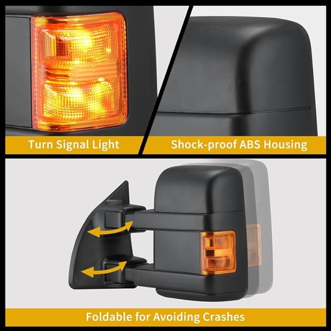 DWVO Tow Mirrors Compatible with 1999-2007 Ford F250 F350 F450 F550 Super Duty & 2000-2005 Excursion, 2-Piece of Towing Mirrors with Amber Turn Signal & Power Heated, Folding Side Mirror, Direct Fit