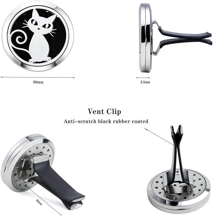 30mm Car Essential Oil Diffuser Vent Clip Christmas Car Accessories for Women Locket with Vent Clips 10 Felt Pads(Cat Black)