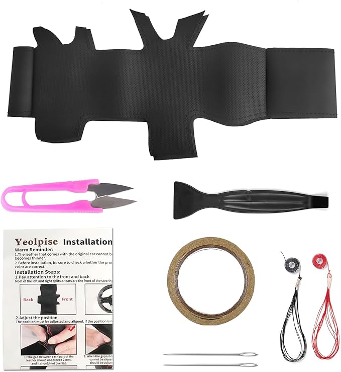 Hand Sewn Steering Wheel Cover,Fit for Ford 2014 Transit Connect Wagon/2013 Transit Custom/2012 Tourneo Custom Concept,Non-Slip Breathable Microfiber Leather Steering Wheel Cover on Wrap DIY