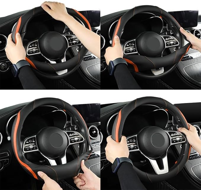Car Steering Wheel Cover, Leather Steering Wheel Cover Orange Universal 14.5-15 Inch Microfiber Leather Anti-Slip Breathable Auto Steering Wheel Covers for Men Women (Black&Orange)
