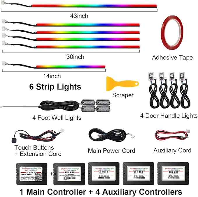 Dreamcolor Interior Car Strips Lights: Led Acrylic Light 14 in 1 RGB Ambient Lighting with Wireless App for Cars - 16 Million 175 Inches 600 Led Music Sync Led Lights Kits