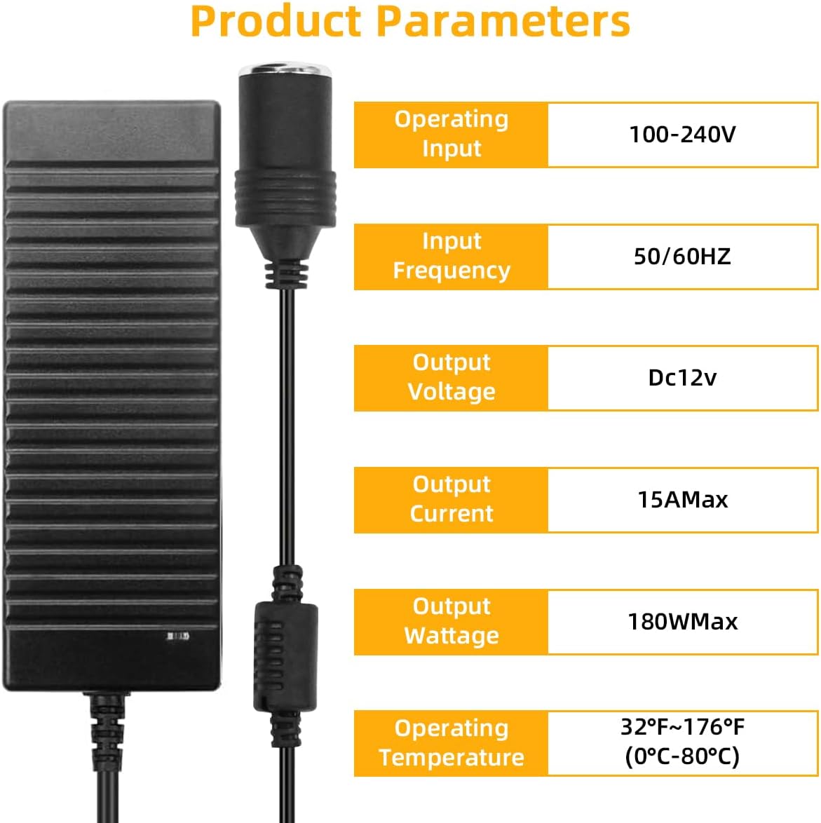 180W AC to DC Converter, 100V ~ 240V to 12V 15A Car Cigarette Lighter Socket AC/DC Adaptor Power Supply for Car Refrigerator, Tire Inflator, Vacuum Cleaner and Other Devices 7.2FT