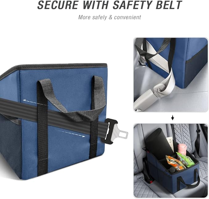 Car Seat Organizer - Passenger Seat Organizer, Collapsible Small Car Seat Storage Organizer for Console Front or Back, Automotive Backseat Organizer with Belt 4 Cup Holders for Kids Accessories, Blue