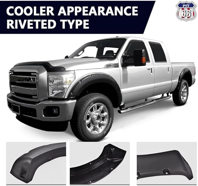 PIT66 Fender Flares, Compatible with Ford F250 F350 Super Duty 2011-2016(NOT for Dually Models), Rugged Textured Black Pocket Riveted Style Wheel Flares 4 PCS