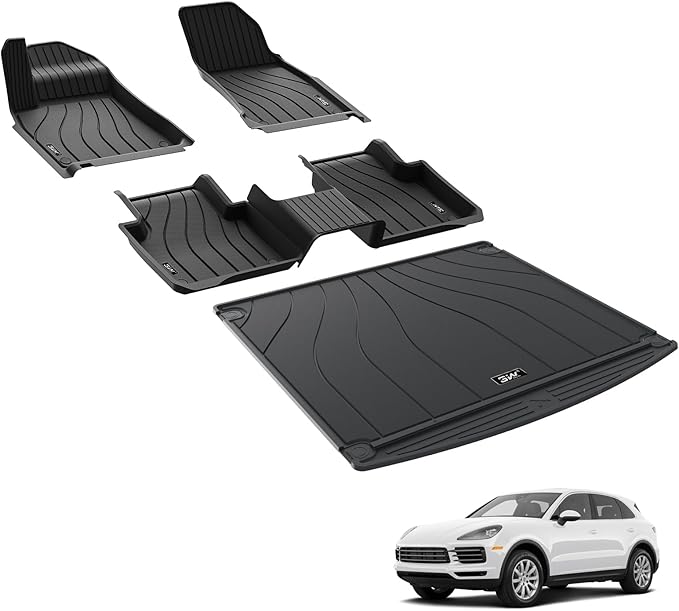 3W Floor mats &Cargo Liner for Porsche Cayenne 2019-2024 2025, TPE All Weather Custom Fit Floor Liner for Porsche Cayenne Full Set Car Mats, Black