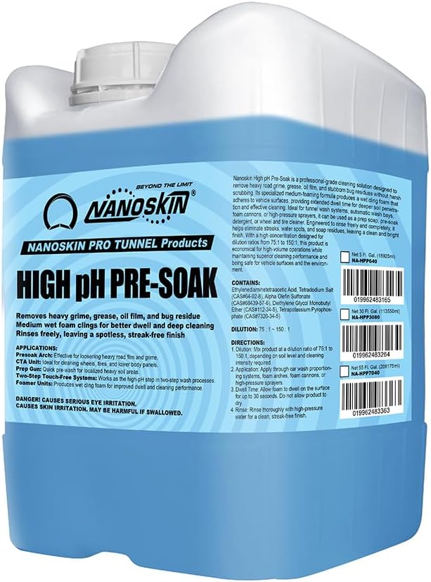 Nanoskin High pH Pre-Soak – 5 Gallons, 75:1 to 150:1 Concentrated Foam Detergent for Car Wash Tunnels, Automatic Wash Systems, and Foam Cannons