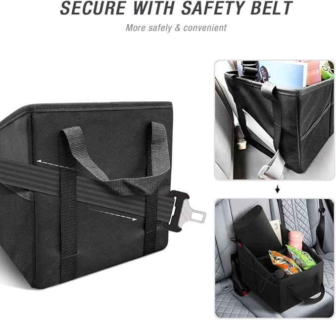 YOOFAN Car Seat Organizer - Passenger Seat Organizer, Collapsible Small Car Seat Storage Organizer for Console Front/Back, Automotive Backseat Organizer with Belt 4 Cup Holders for Kids Accessories