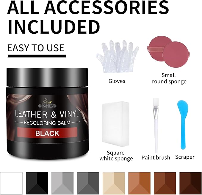 Leather Recoloring Balm and Leather Repair Kit for Furniture, Black Leather Restorer for Couches, Furniture, Car Seats, Leather Paint & Stain for Sofa, Chairs, Bags, and More