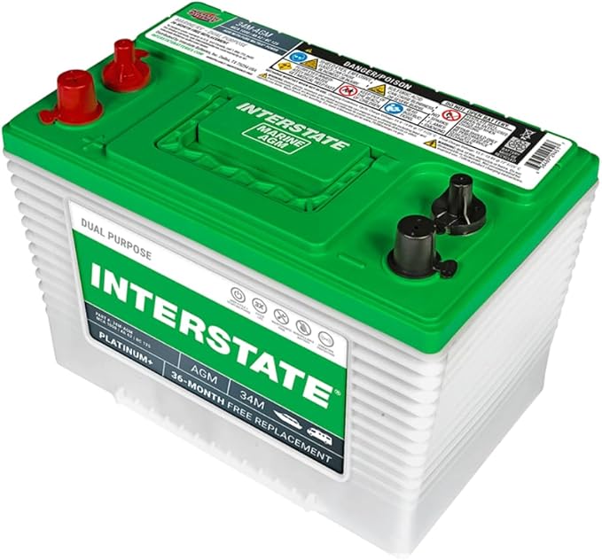 Interstate Batteries Marine/RV Battery 12V 62Ah 800CCA (34M-AGM) Dual Purpose Power Pure Lead AGM RV & Marine Starting Replacement Battery (Group Size 34M) Boats, RV's