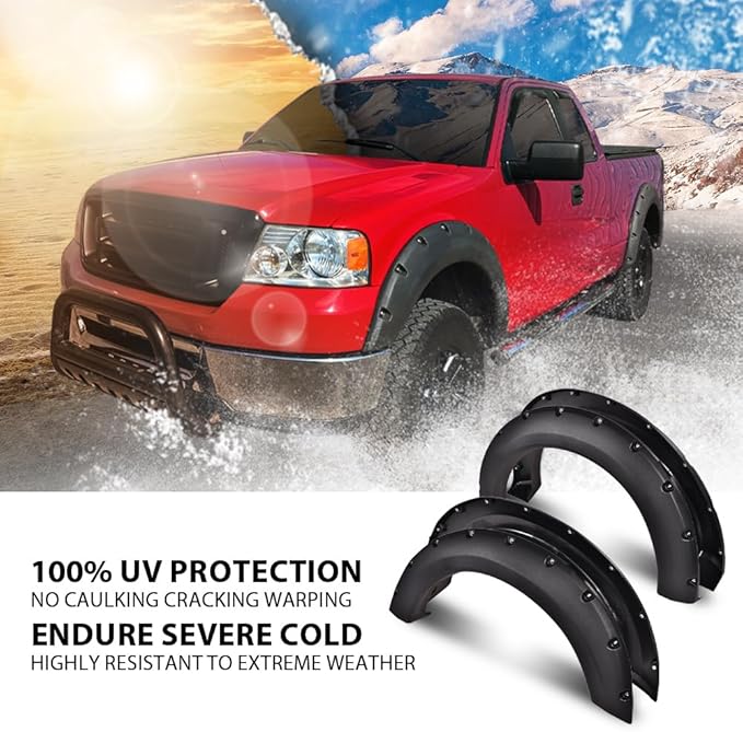 4PCS Fender Flares Fit for Ford F150 Styleside 2004-2008 & 2007-2008 Lincoln Mark LT with 66.0"/ 67.0"/ 78.0"/ 96.0" Bed Length Models Only Textured Rivet Style Wheel Cover Accessories