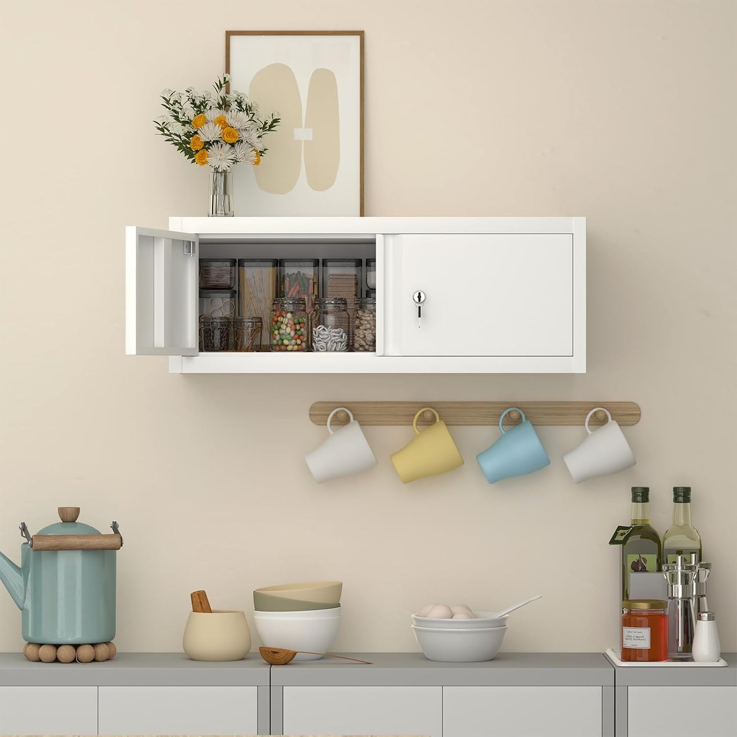 LUCYPAL Metal Storage Cabinet,Garage Wall Mounted Storage Cabinet with Locking Doors,Steel Hanging Cabinets for Home Office,Warehouse,Bathroom,Kitchen,White,12.8''H