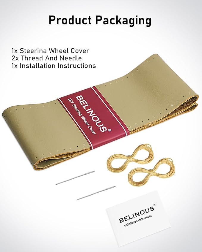 BELINOUS Leather Steering Wheel Cover Lace Up, Stitch On Wrap, Universal Fit 13-20 inch Car Truck SUV Pickup Boat, A Whole Piece of Cowhide, DIY Stitch w/Needle Thread (Size XXL1, Beige)