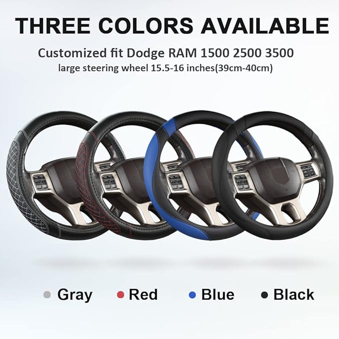West Llama Customized Auto Car Steering Wheel Cover for Dodge RAM 1500 2500 3500, 15.5-16 inch (Diamond Quilted-Black+Gray-Large Size)