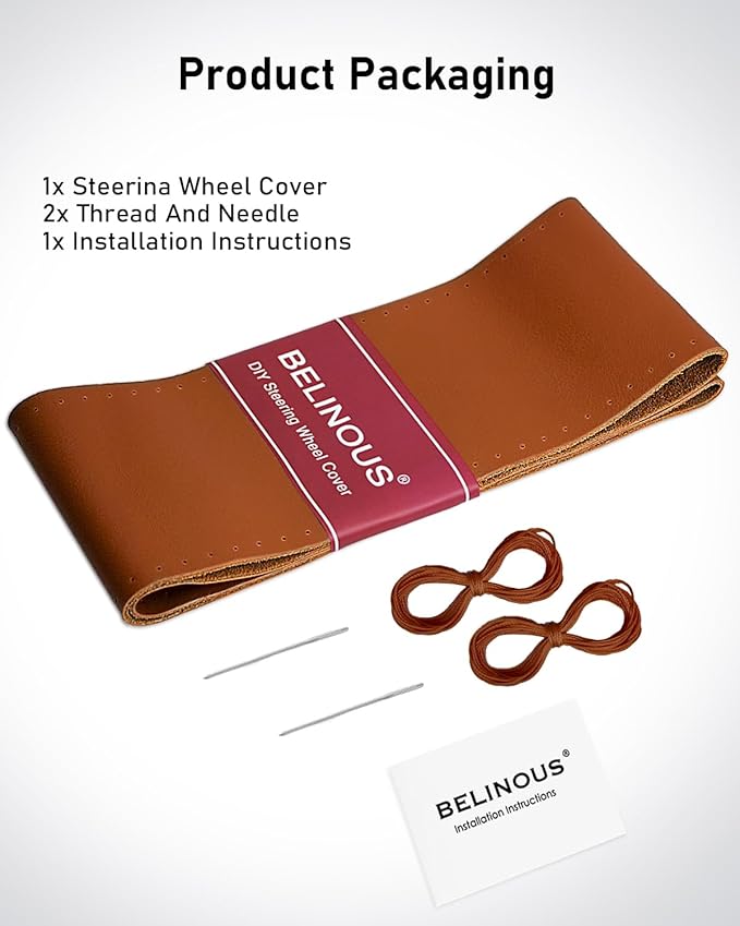 Belinous Leather Steering Wheel Cover Lace Up, Stitch On Wrap, Universal Fit 13-20 inch Car Truck SUV Pickup Boat, A Whole Piece of Cowhide, DIY Stitch w/Needle Thread (Size XL5, Brown)