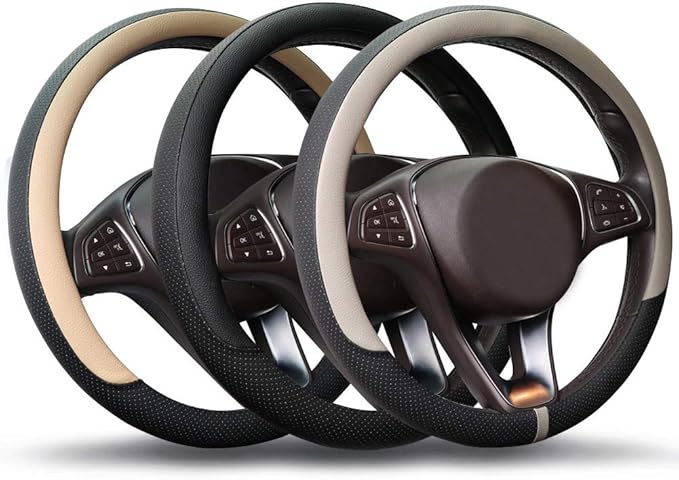 COFIT Breathable Car Steering Wheel Cover 15 inch Auto Universal Leather Wrap Non-Slip Steeringwheel Protector Automotive Interior Accessories, Black (Suit for 14.5-15 inch)