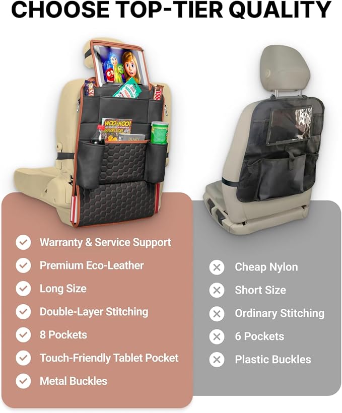 Owleys Set Car Seat Organizer Backseat Back Organizers & Seat Protector Kick Mat Back Of Seat Protector Automotive Organizer Seatback Toy Organization For Kids Behind Black Brown Tan