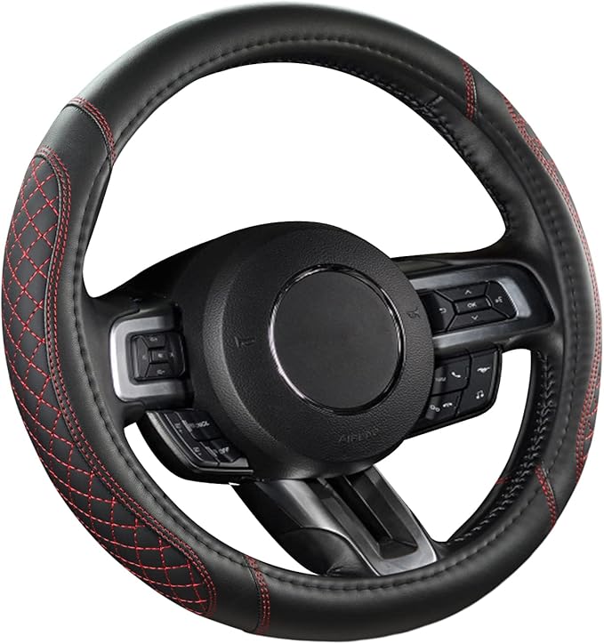 West Llama Car Steering Wheel Cover for Ford Escape,Explorer,Fusion,Focus,Bronco,Transit,Edge(Diamond Quilted - Black+Red- Standard Size)