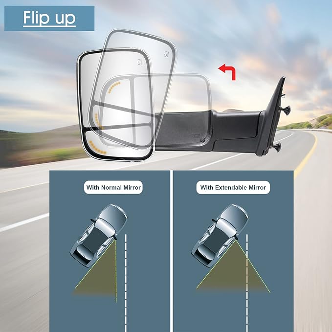 BOOLEE Towing Mirrors Power Heated Compatible with 2009-2018 Dodge Ram 1500,2019-2023 Dodge Ram 1500 Classic Arrow Lamp Puddle Light Temp Sensor Pickup Truck Tow Mirrors Chrome