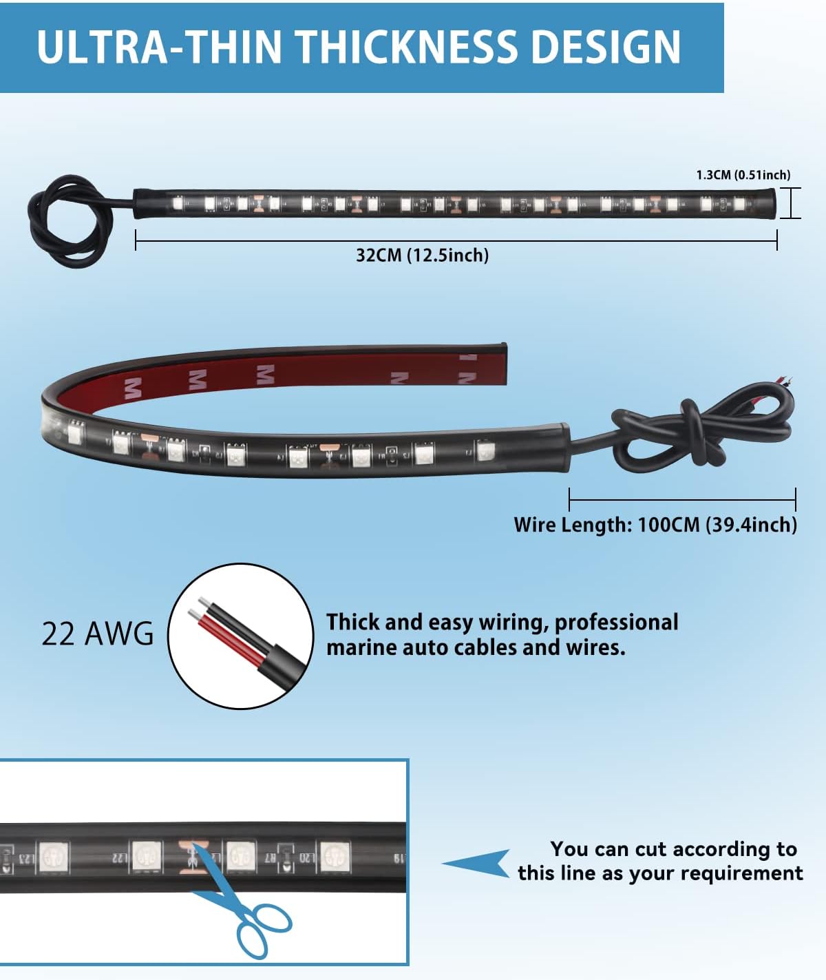 12V Led Light Strip 32CM Waterproof Green Led Strip Lights for Cars Motorcycles Golf Cart Interior & Exterior Marine Boat 12V 5050 18SMD,Pack of 4