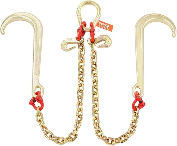 VEVOR G80 V Bridle Chain, 5/16" x 2' Towing Chain Bridle with 15" J Hooks and Grab Hooks, Heavy Duty Transport Tow Chain Bridle with 10800 lbs Safe Working Load for Flatbed Truck Wrecker Recovery