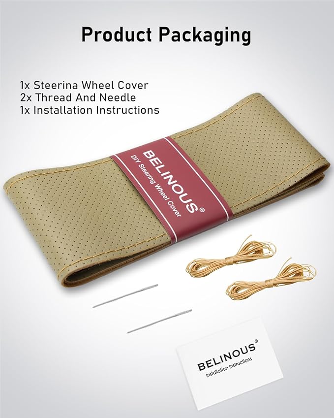 BELINOUS Universal Leather Car Steering Wheel Cover, Stitch On Wrap (Size L5, Beige)