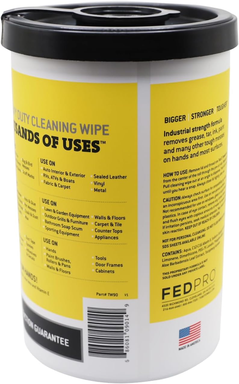 Tub O' Towels Heavy-Duty Multi-Surface Cleaning Wipes, 10" x 12", 90 Count Canister, Removes Grease, Grime, Tough Stains, Durable Disposable Wipes for Home, Garage, Outdoor Cleaning Tasks, 2-Pack