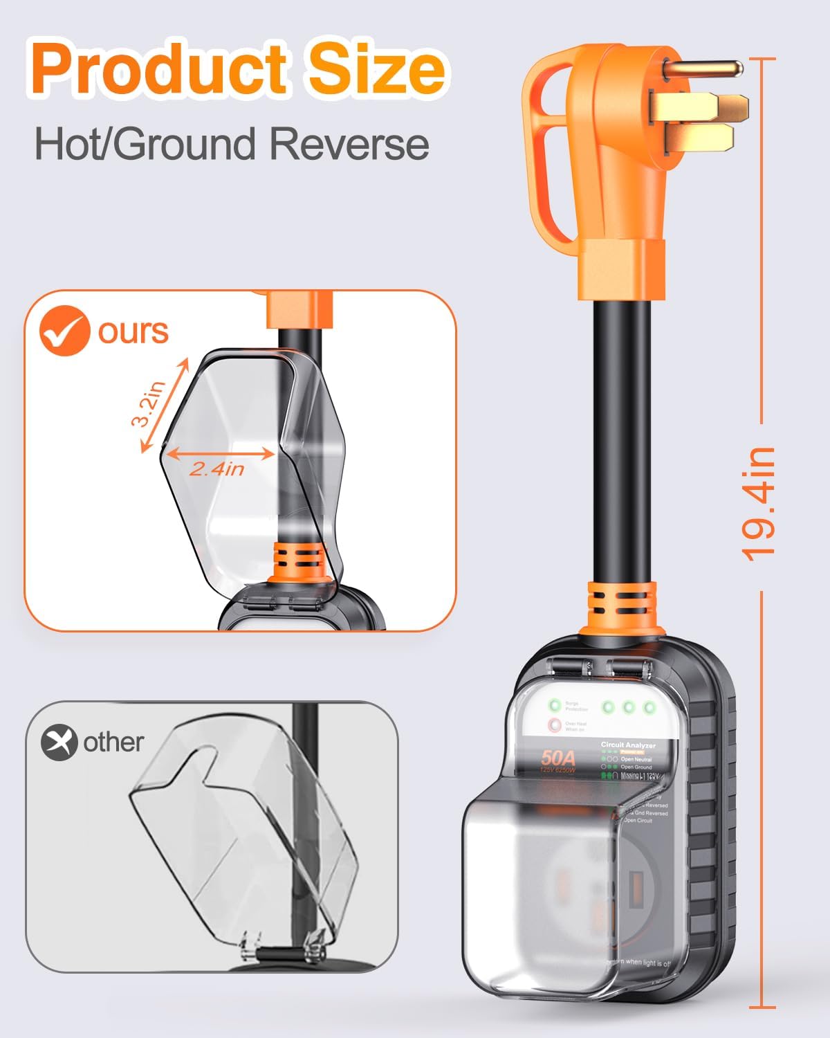 GEARGO RV Surge Protector 50 Amp, Latest 18000J Surge Protection RV Circuit Analyzer, RV Adapter Plug for Camper with Waterpoof Cover, Plug and Play(Orange)