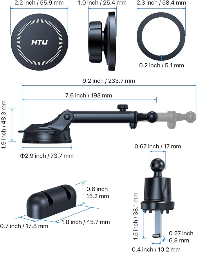 HTU for MagSafe Car Phone Mount Magnetic Phone Holder for Windshield Vent Dashboard Magnetic Suction Phone Mount for iPhone 16/15/14/13/12 & Android (Black)