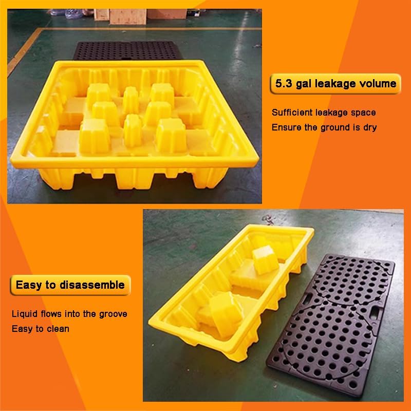 2 Drum Containment Spill Pallet, Polyethylene Low Profile Paint Bucket Tray, Industrial Garage Storage Detachable Shipping Leakproof Platform (Color : Yellow-2 Pack, Size : 26.2"x14.2"x4.7"