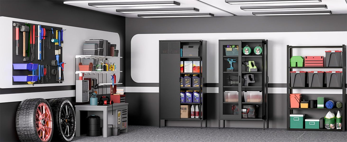 Metal Storage Cabinets with 4 Adjustable Shelves,Black Metal File Cabinet, 71'' Steel Storage for Home & Office, School,Kitchen Pantry,Tool Cabinet,Garage, Black