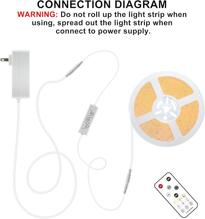 16.4ft COB LED Strip Light with Remote, 3000K Dimmable Bright Warm White Led COB Strip Light, White Continuous Led Strip Light for Mirror, Stair, Cabinet, Room