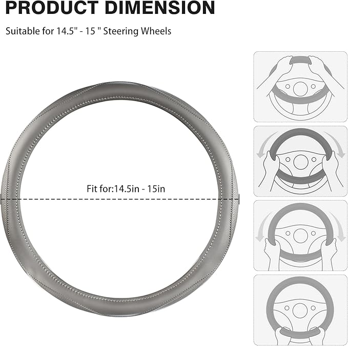 High-Grade Gray Genuine Leather Steering Wheel Cover for Men Women,Real Cowhide Leather Steering Wheel Cover for Cars,Universal 14.5-15 inch Steering Wheels