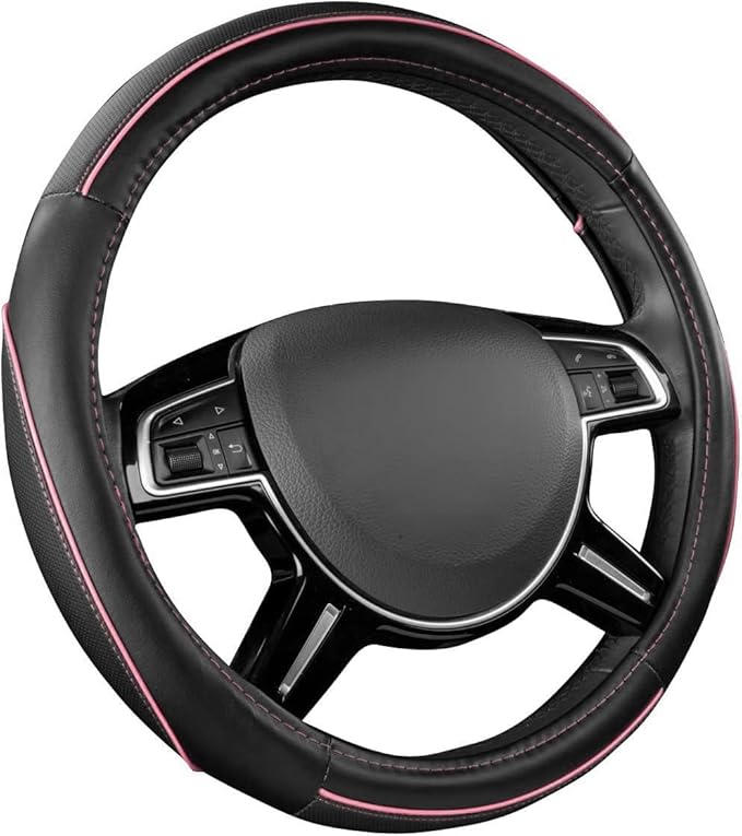 CAR Pass Colour Piping Leather Universal Fit Steering Wheel Cover, Perfectly fit for 14.5-15 inches Suvs, Vans, Trucks, Sedans, Cars (Black&Pink)