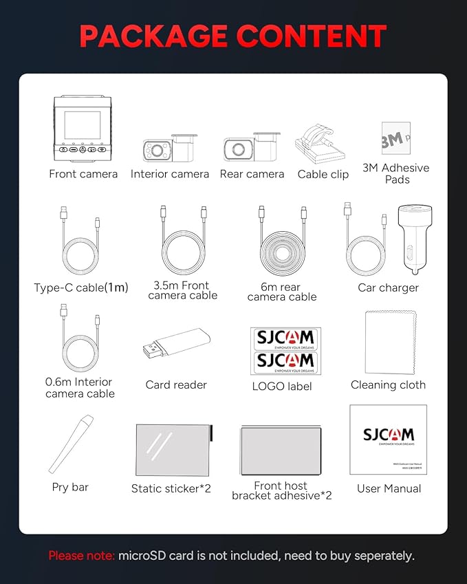 SJCAM M60 3 Channel Dash Cam Front and Rear Interior with Fast Bluetooth Connection, Equipped with STARVIS 2 HDR, Dashcam Front and Rear Camera, Built-in GPS/WiFi/Bluetooth, WDR Night Vision, 3CH
