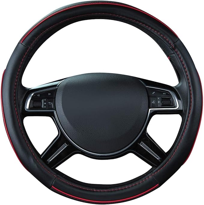 Car Pass Colour Piping Leather Steering Wheel Cover,Perfectly fit for 14.5-15 inches for Various Vehicles SUVs,Vans,Sedans,Cars (Black & Red)