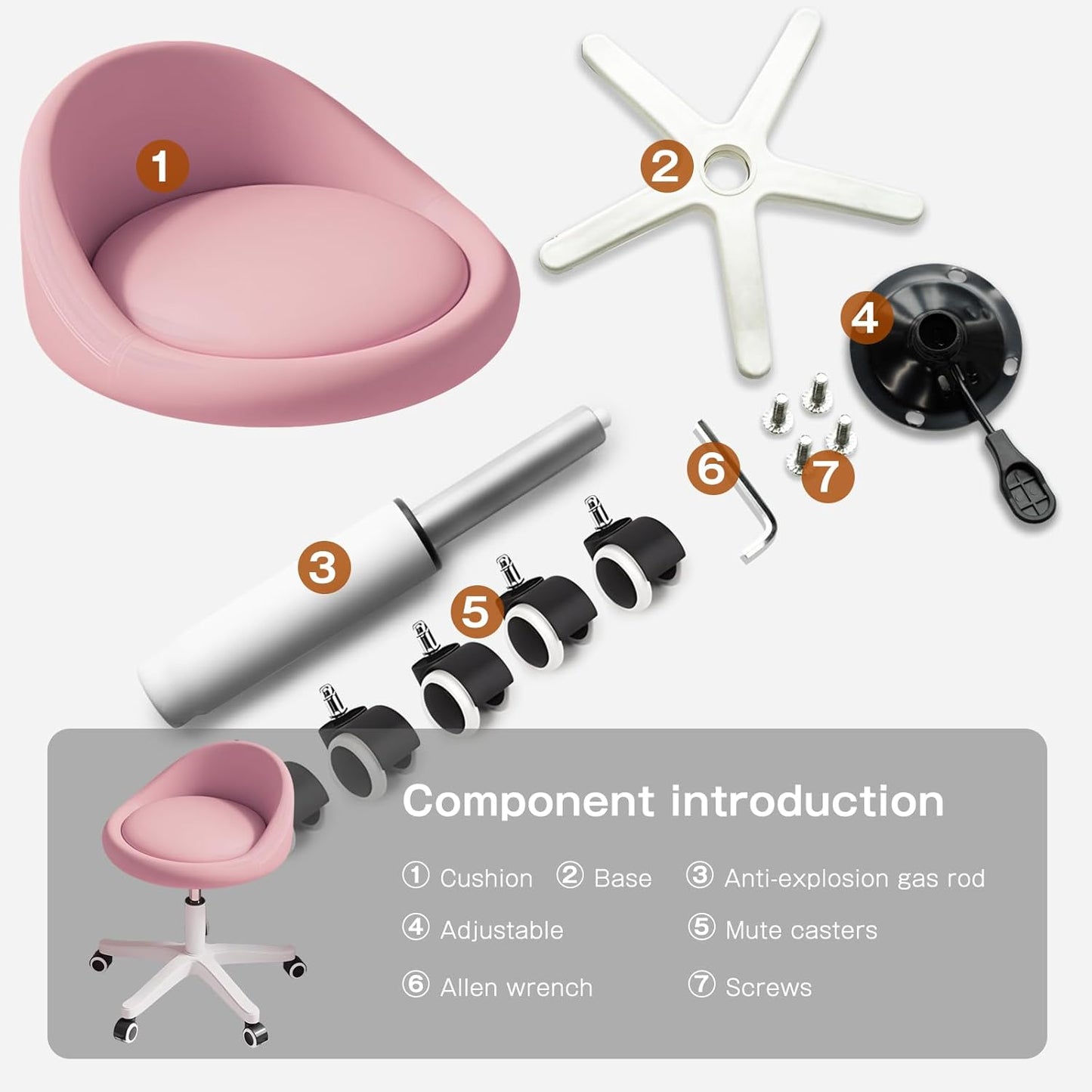 Rolling Stool Set of 6 Rolling Hydraulic Salon Stool with Low Backrest - Adjustable Swivel Chair for SPA, Shop, Salon, Massage, or Medical Office Pink