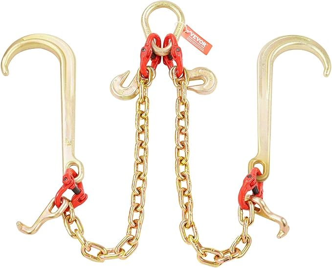 VEVOR G80 V Bridle Chain, 3/8" x 2' Towing Chain Bridle with 15" J Hooks, T Hooks & Grab Hooks, Heavy Duty Transport Tow Chain Bridle with 7800 lbs Safe Working Load for Flatbed Truck Wrecker Recovery