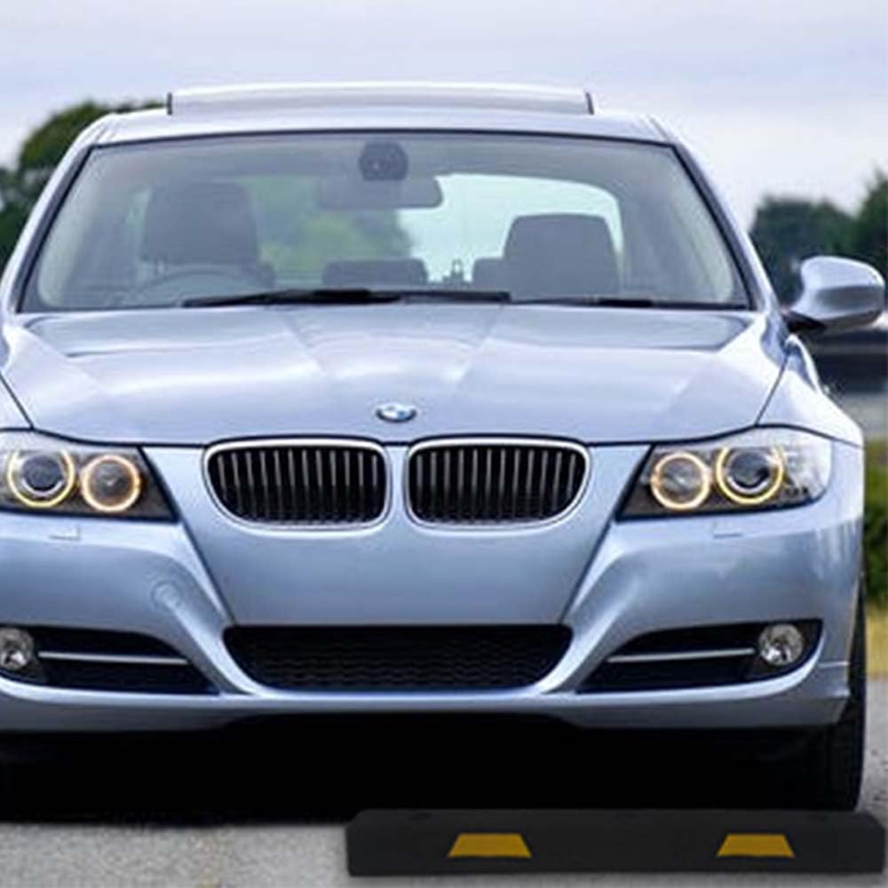 Plasticade 4' Rubber Car Parking Stop with Concrete Hardware, Maintenance Free, Embedded Yellow Reflective Stripes for Added Visibility and Pre-Drilled Holes for Easy Installation, Made in The USA