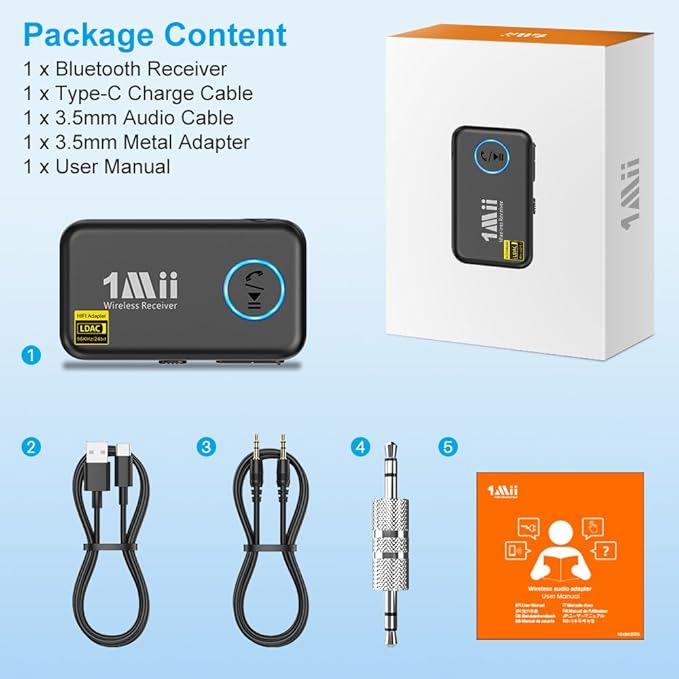 1Mii LDAC Bluetooth Aux Adapter for Car, Wireless Bluetooth 5.3 Receiver with Volume Control, 10H Battery Life, Hands Free Calls, Use in Car/Home Stereo/Wired Headphones/Speaker