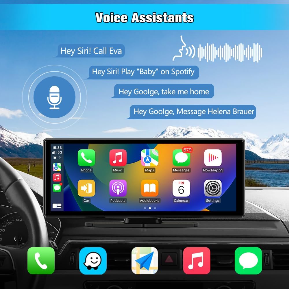 10.26" Portable Apple Carplay Screen for Car, Carplay & Android Auto Car Stereo, Touchscreen GPS Navigation 4K Dash Cam/1080P Backup Camera/Mirror Link/Bluetooth/Voice Control