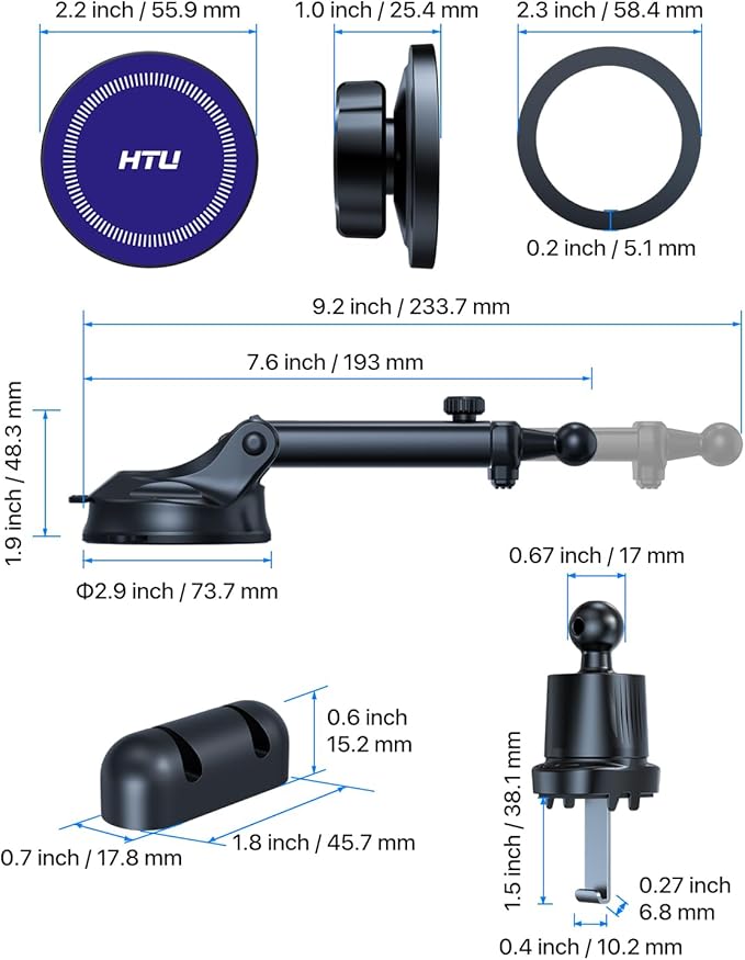 HTU for MagSafe Car Phone Mount Magnetic Phone Holder for Windshield Vent Dashboard Magnetic Suction Phone Mount for iPhone 16/15/14/13/12 & Android (Navy Blue)