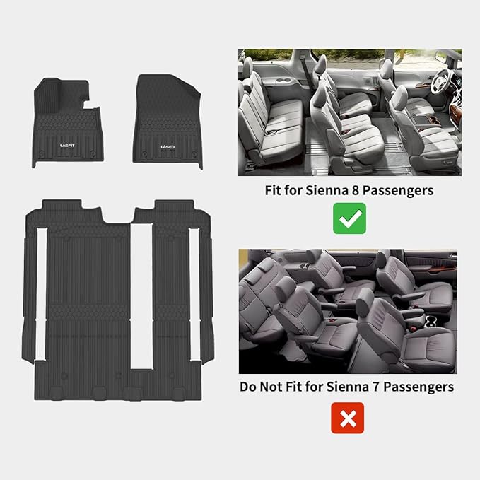 LASFIT Floor Mats for Toyota Sienna 8 Seats 2021-2024 2025 All Weather TPE Custom Fit Floor Liner for Toyota Sienna LE/XLE 8 Passenger Front and Rear Car Mats, Black