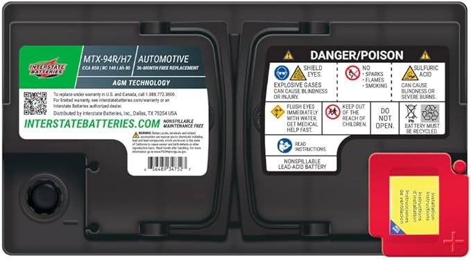 Interstate Batteries Automotive Battery 12V 80Ah (Group Size H7, 94R) 850CCA SLI AGM Automobile Replacement Battery for Cars, SUVs, Sedans, Trucks (MTX-94R/H7)