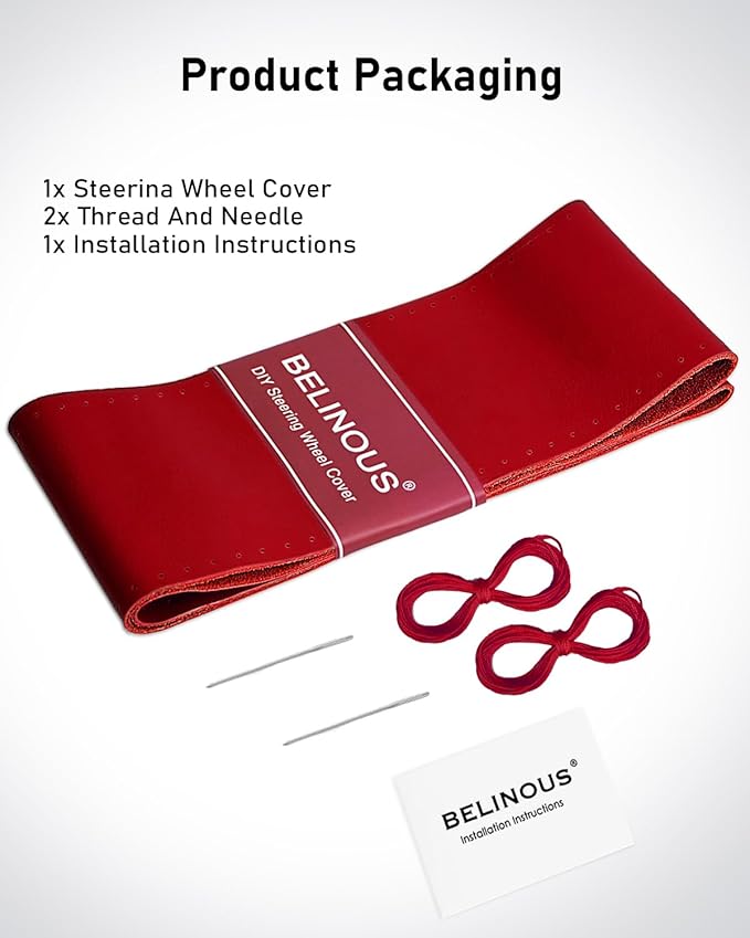 BELINOUS Leather Steering Wheel Cover Lace Up, Stitch On Wrap, Universal Fit 13-20 inch Car Truck SUV Pickup Boat, A Whole Piece of Cowhide, DIY Stitch w/Needle Thread (Size M3, Red)