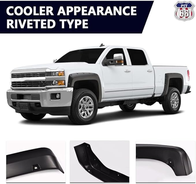 PIT66 Fender Flares, Compatible with 2014-2018 Chevy Silverado 2500HD 3500HD Fleetside 78.8" / 97.6" / 97.8" Bed, Not Compatible with Dually Models and Short Bed Models, Smooth Rivet Style
