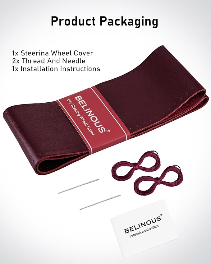 BELINOUS Leather Steering Wheel Cover Lace Up, Stitch On Wrap, Universal Fit 13-20 inch Car Truck SUV Pickup Boat, A Whole Piece of Cowhide, DIY Stitch w/Needle Thread (Size L4, Wine Red)