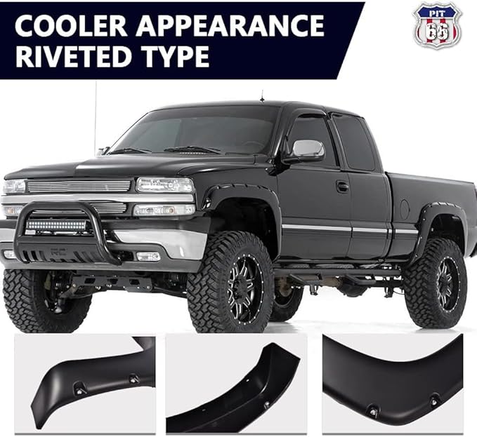PIT66 Fender Flares, Compatible with 1999-2006 Chevy Silverado/GMC Sierra 78.0" / 96.0" Bed(Incl. 2007 Classic Models) Smooth Matte Black Pocket Rivet Style Wheel Flares Set, 4 PCS